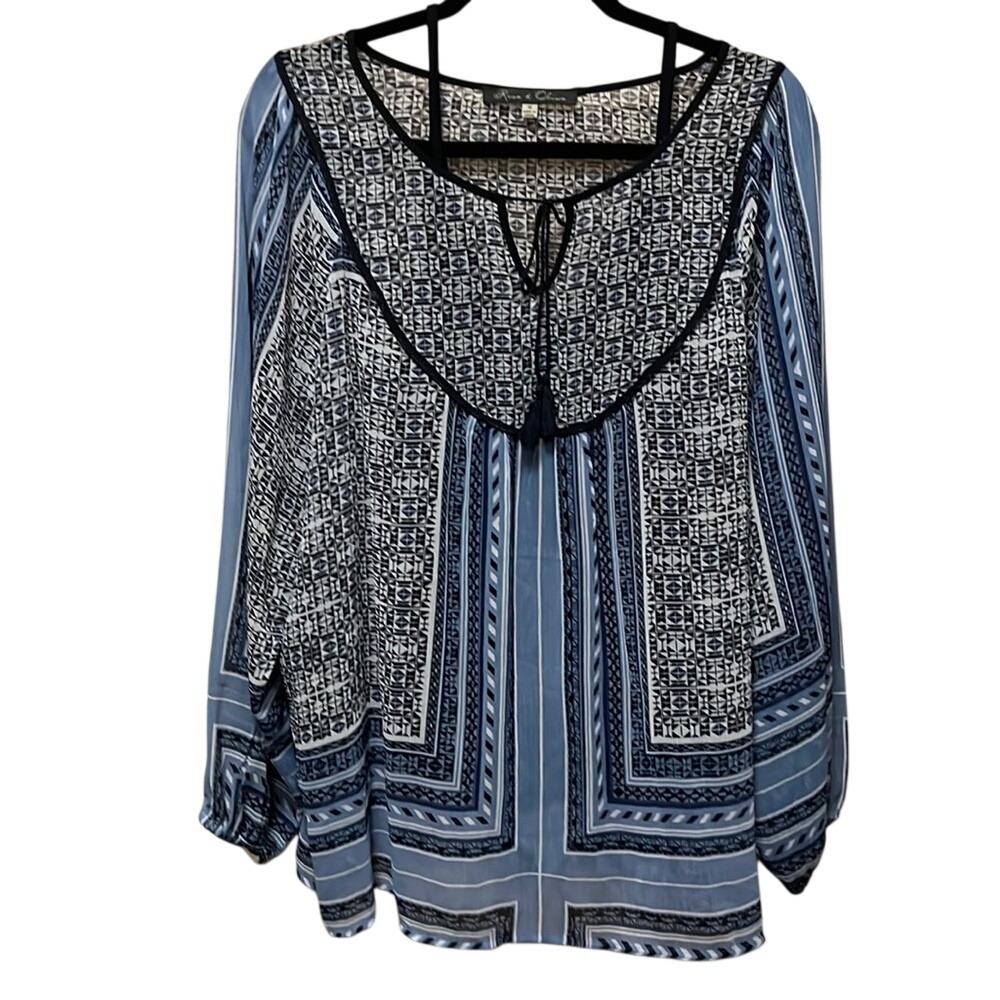Rose & Olive Blue Geometric Tile Print Tassel Tie Boho Blouse Plus Size 1X